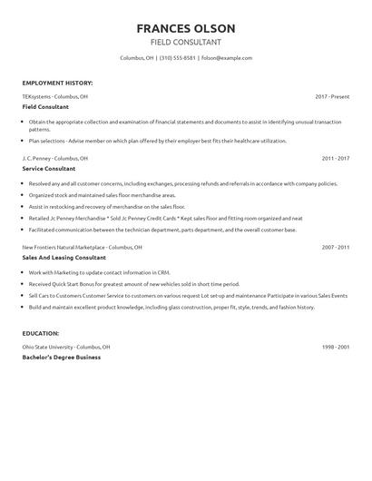 Field Consultant Resume