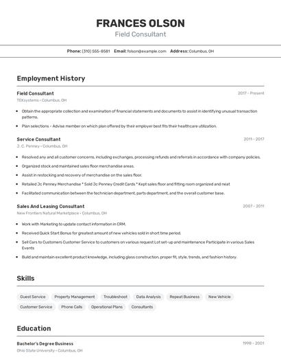 Field Consultant Resume