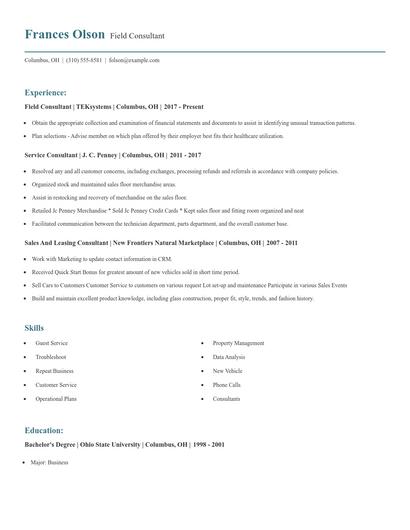 Field Consultant Resume