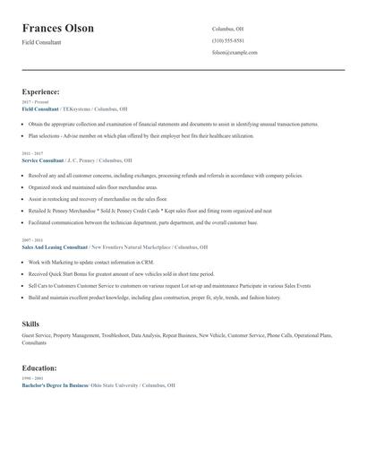 Field Consultant Resume