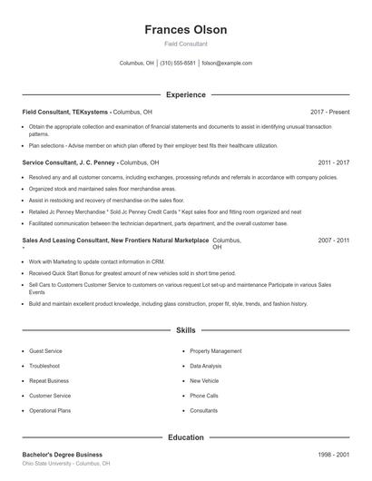 Field Consultant Resume