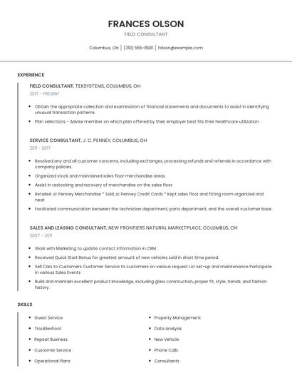 Field Consultant Resume