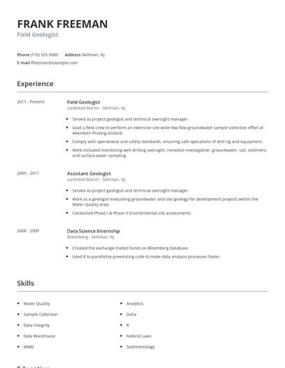 Field Geologist Resume