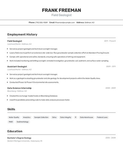 Field Geologist Resume