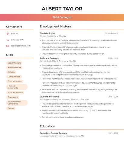 Field Geologist Resume