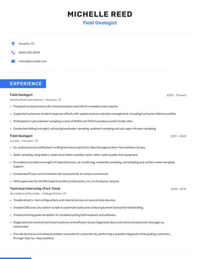 Field Geologist Resume
