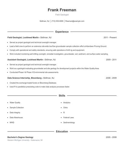 Field Geologist Resume