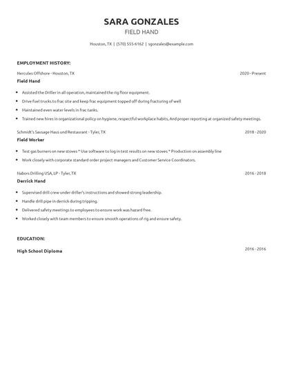 Field Hand Resume