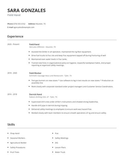 Field Hand Resume