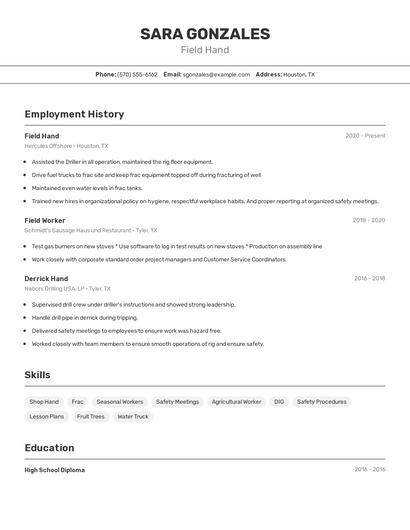 Field Hand Resume