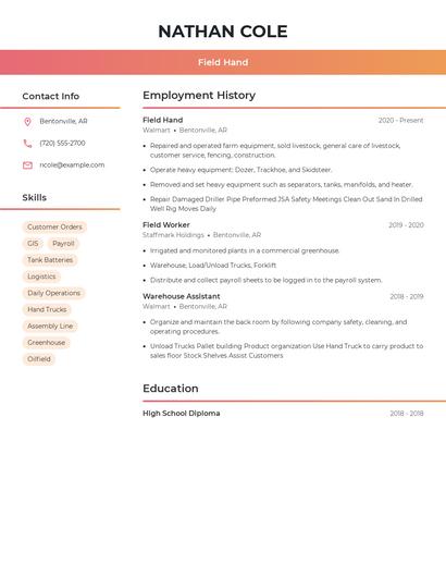 Field Hand Resume