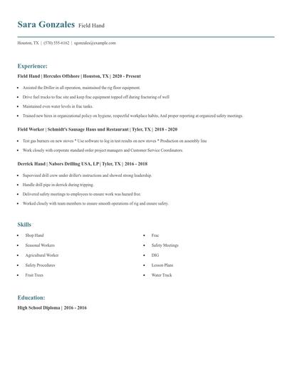 Field Hand Resume