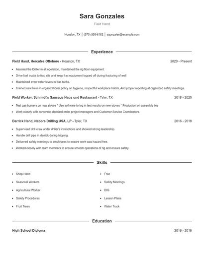 Field Hand Resume