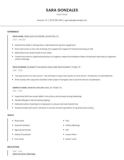 Field Hand Resume