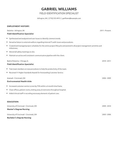 Field Identification Specialist Resume