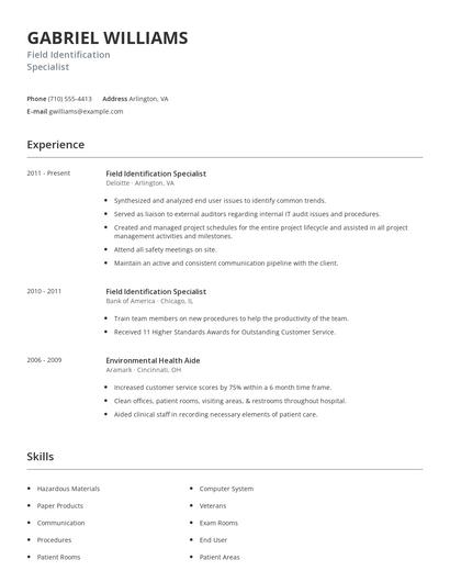 Field Identification Specialist Resume