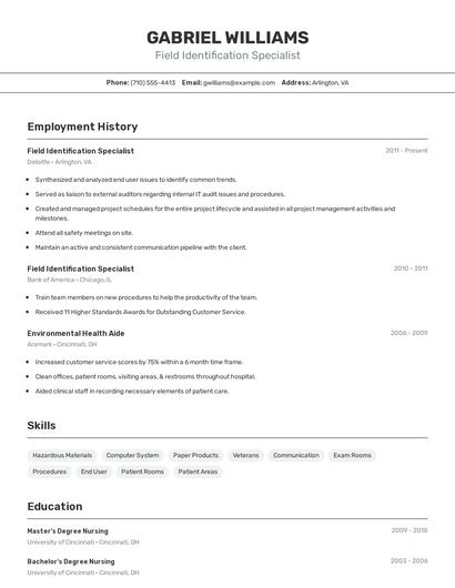 Field Identification Specialist Resume