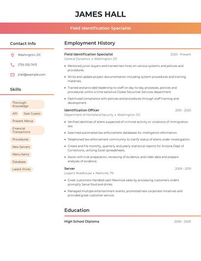 Field Identification Specialist Resume