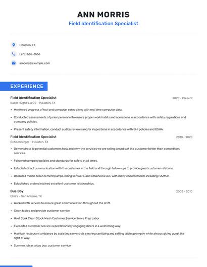 Field Identification Specialist Resume