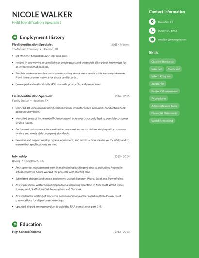 Field Identification Specialist Resume