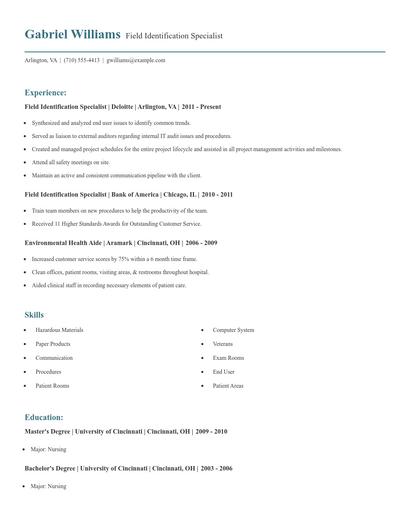 Field Identification Specialist Resume