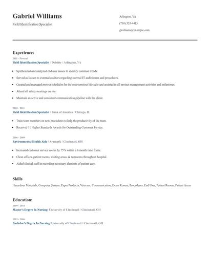 Field Identification Specialist Resume