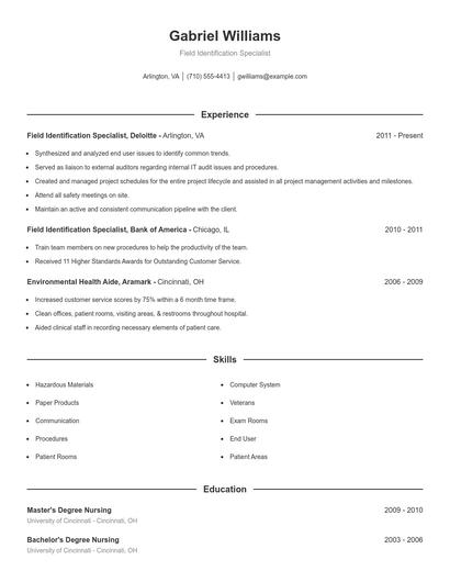 Field Identification Specialist Resume