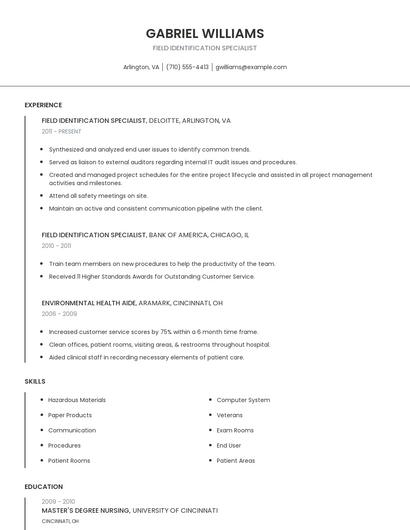 Field Identification Specialist Resume