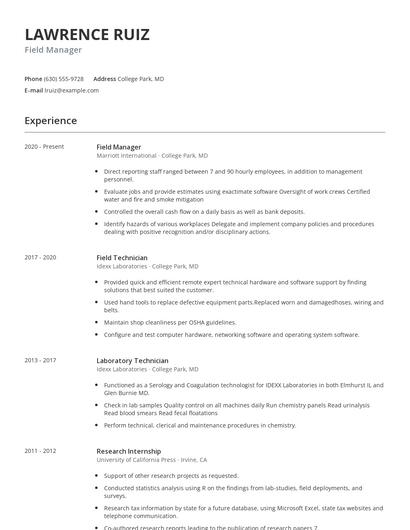 Field Manager Resume