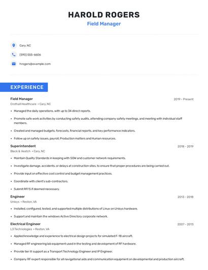 Field Manager Resume