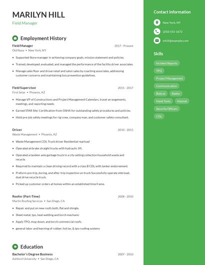Field Manager Resume