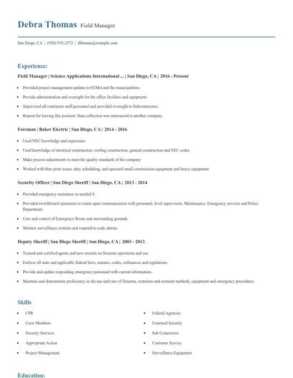 Field Manager Resume