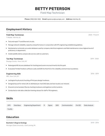 Field Map Technician Resume
