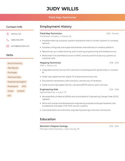 Field Map Technician Resume
