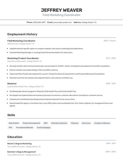 Field Marketing Coordinator Resume