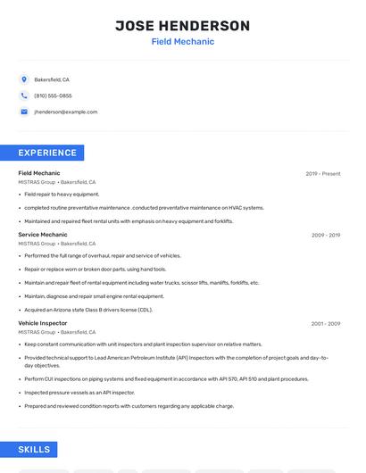 Field Mechanic Resume