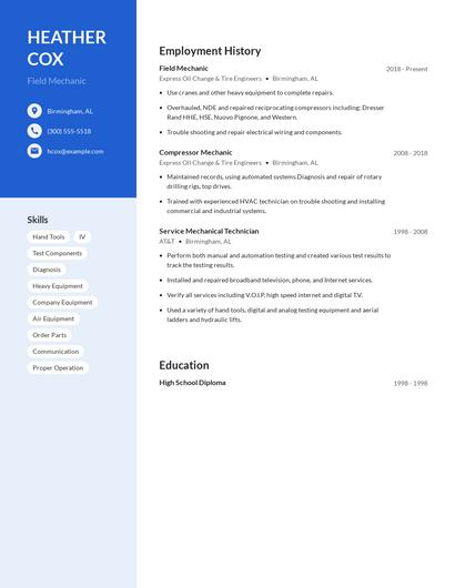 Field Mechanic Resume