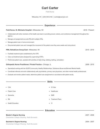 Field Nurse Resume