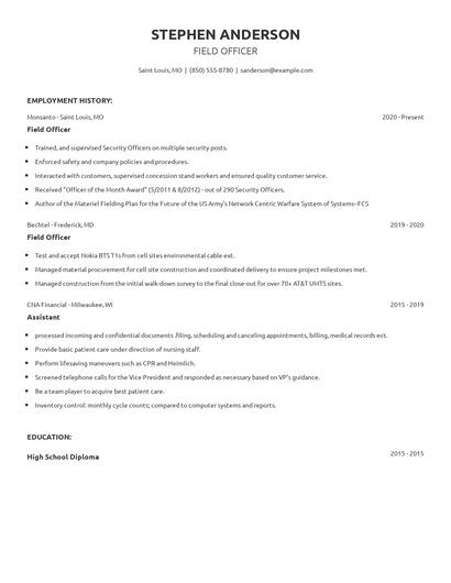 Field Officer Resume
