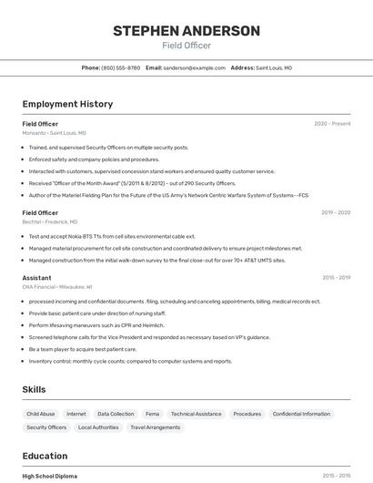 Field Officer Resume