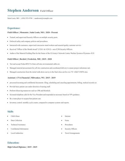 Field Officer Resume