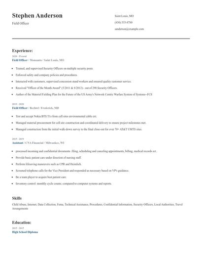 Field Officer Resume
