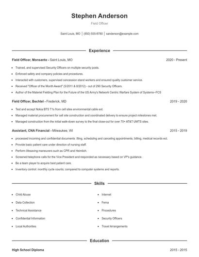 Field Officer Resume