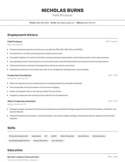 Field Producer Resume