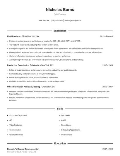Field Producer Resume