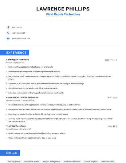 Field Repair Technician Resume