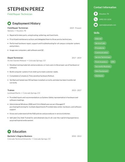 Field Repair Technician Resume