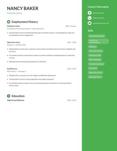 Field Secretary Resume