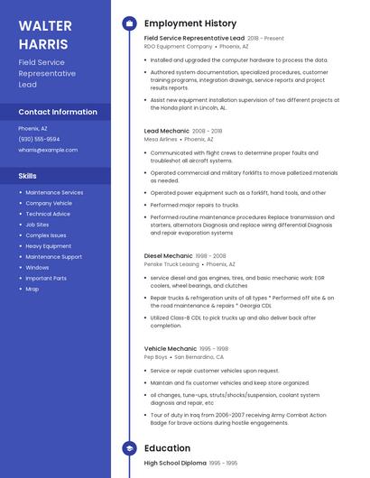 Field Service Representative Lead Resume