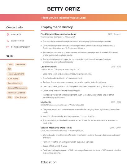 Field Service Representative Lead Resume